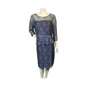 Adrianna Papell Gray Lace Peplum Sheath Cocktail Dress Size 14 3/4 Sleeves